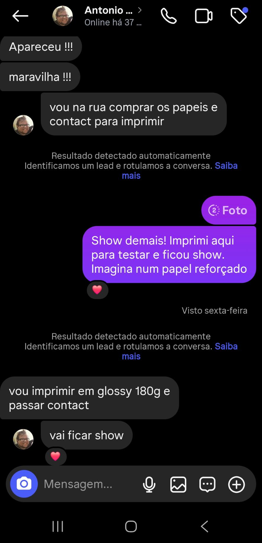 Print de conversa: cliente diz que imprimiu para testar e vai imprimir em papel glossy 180g