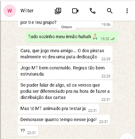 Print de conversa: cliente elogia o jogo, diz que as regras são bem estruturadas e está animado para testar