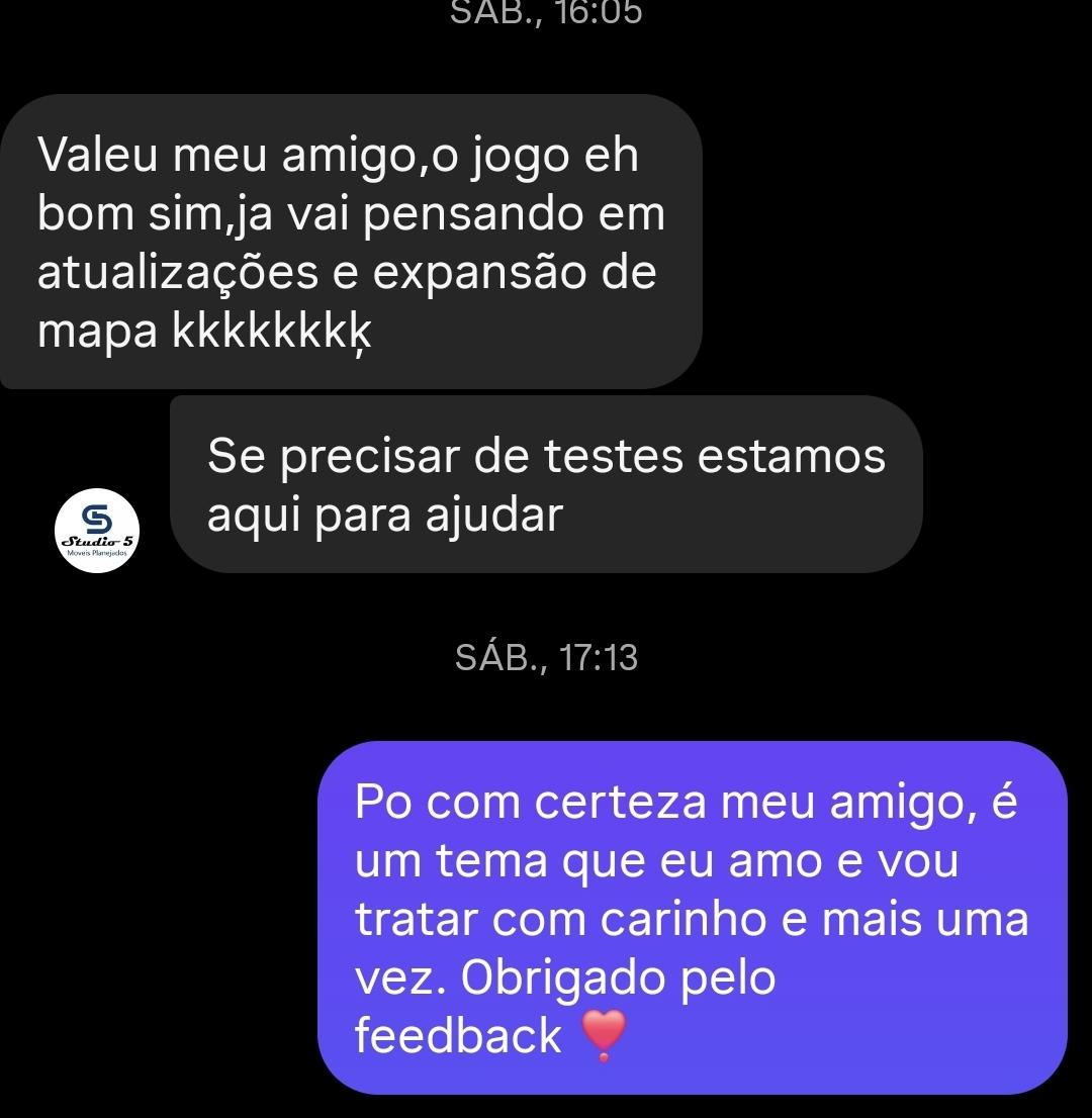 Print de conversa: cliente elogia o jogo e comenta sobre atualizações futuras e expansão do mapa